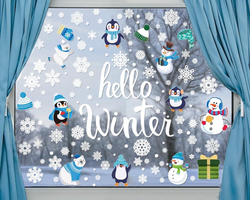 Tevxj Large Size Hello Winter Window Clings for Christmas Snowflake Decoration Xmas Windows Decals Snowman Window Stickers for Showcase Home Decor Merry Christmas Party Supplies - Image 1